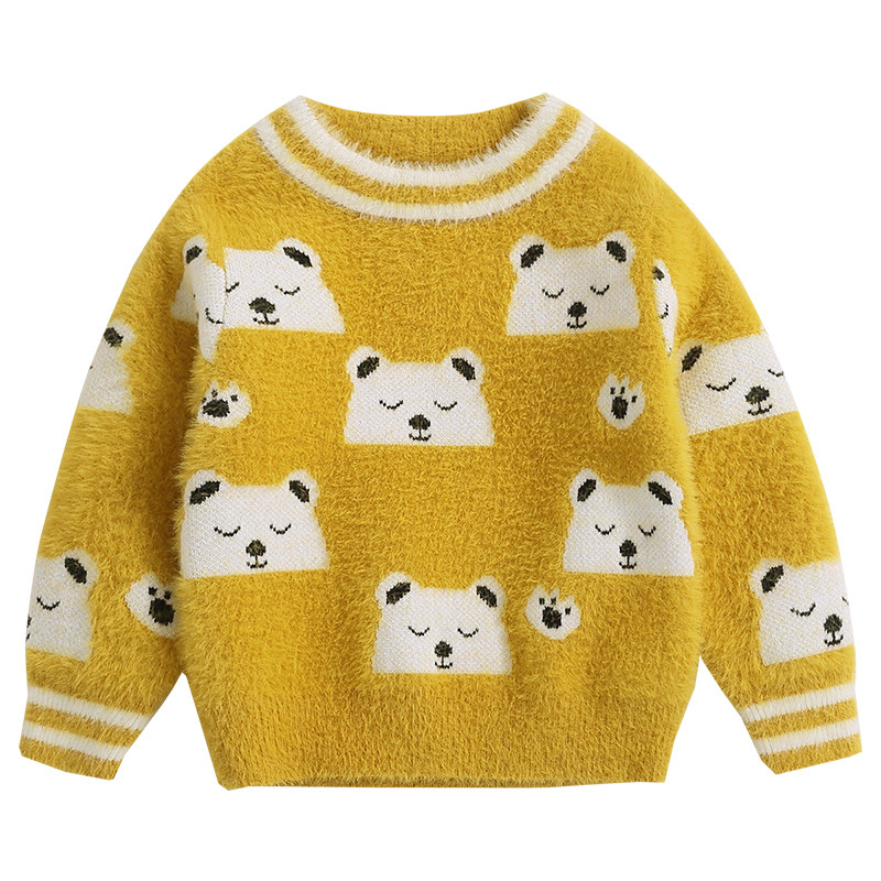 齐齐熊宝宝冬季水貂绒线衣熊猫提花圆领毛绒毛衣男女童保暖针织衫