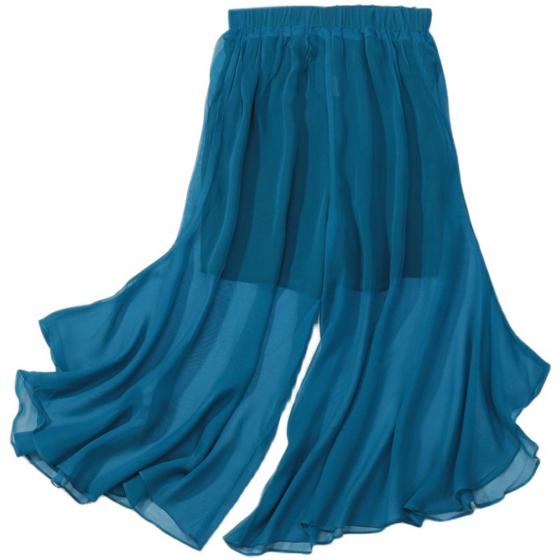 夏季新款双层真丝裙裤桑蚕丝轻盈飘逸黑色百搭喇叭裤阔腿裤休闲裤