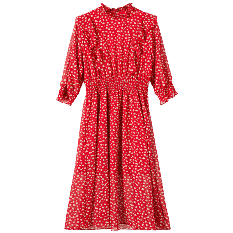 拉贝缇红色雪纺碎花连衣裙女2019秋季新款流行法式桔梗智熏裙子夏