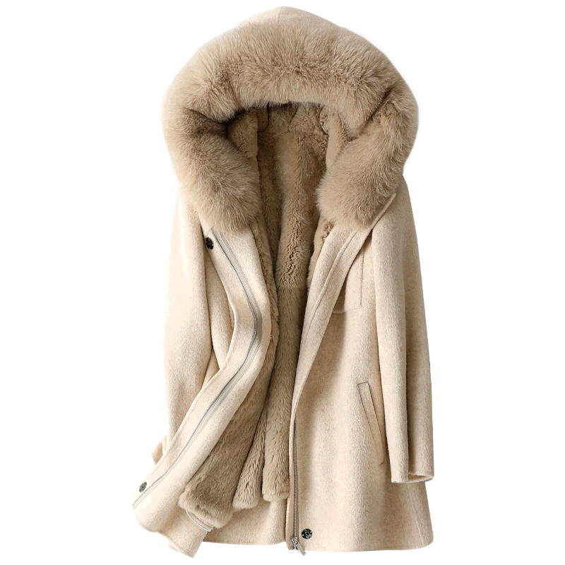 咔琦娜2019冬季新款獭兔毛皮草内胆尼克服女士短款连帽羊毛呢大衣