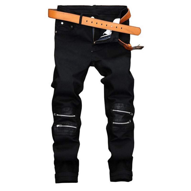 盗墓笔记同款张起灵裤子黑色修身休闲裤男弹力小脚裤pu皮布拼接潮