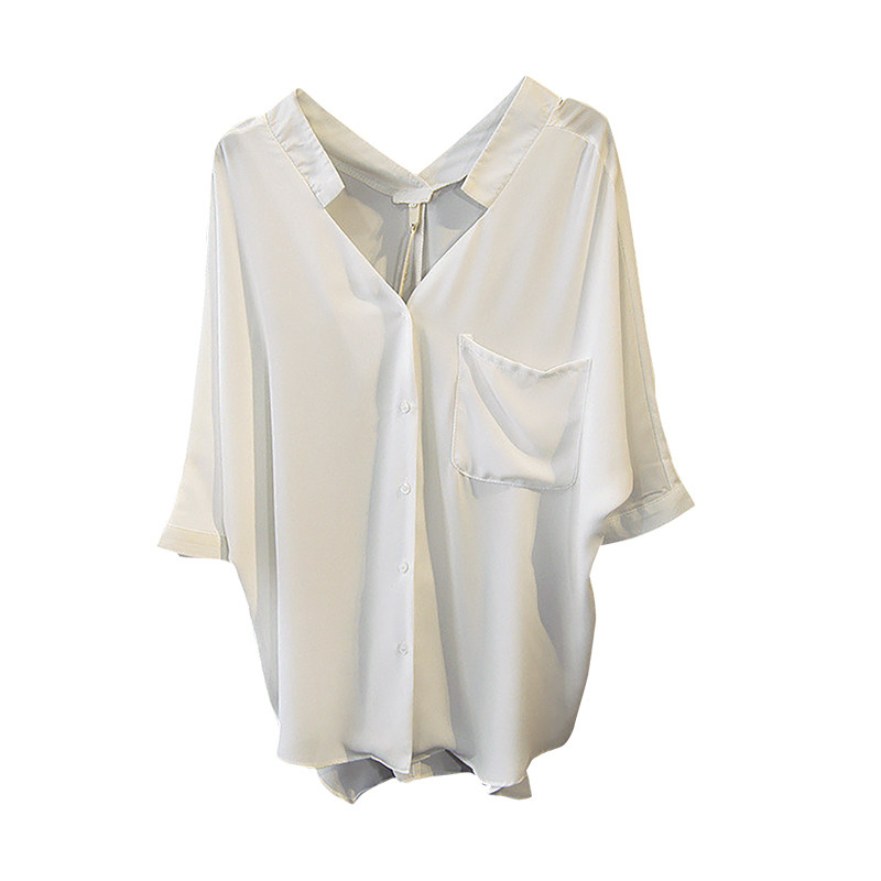 夏季新款女v字领雪纺衬衫五分蝙蝠中袖宽松口袋衬衣纯色百搭