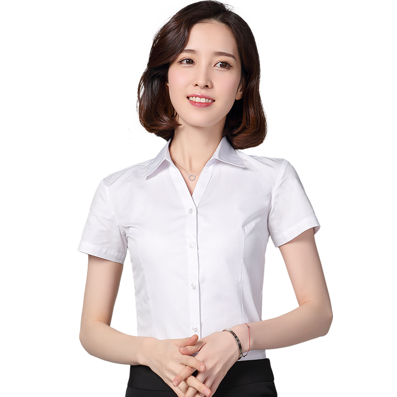 白衬衫女短袖职业2019新款韩版气质显瘦v领工装衬衣工作服正装夏