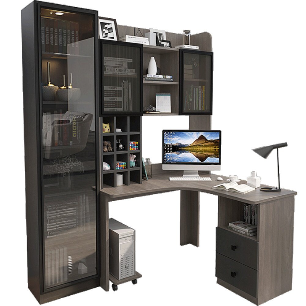 北欧简约拐角极简转角书桌书架实木书柜组合家用电脑桌一体学习桌