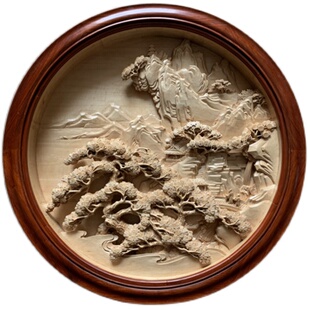 周先荣圆形椴木雕刻山水画木雕浮雕挂件人物古典手工东阳木雕定做 券