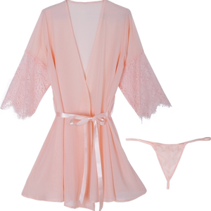 性感浴衣睡衣女春秋透明薄纱蕾丝诱惑晨袍外披浴袍家居服薄款套装