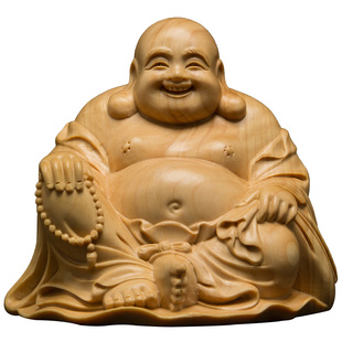 黄杨木雕笑佛像客厅实木汽车摆件供奉雕刻工艺品装饰品大肚弥勒佛 券