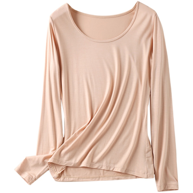 女士莫代尔秋衣超薄款大圆领纯棉单件上衣保暖内衣低领打底衫春秋