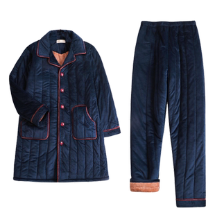 男士睡衣冬季珊瑚绒夹棉袄秋冬款三层加厚男款法兰绒保暖加绒冬天