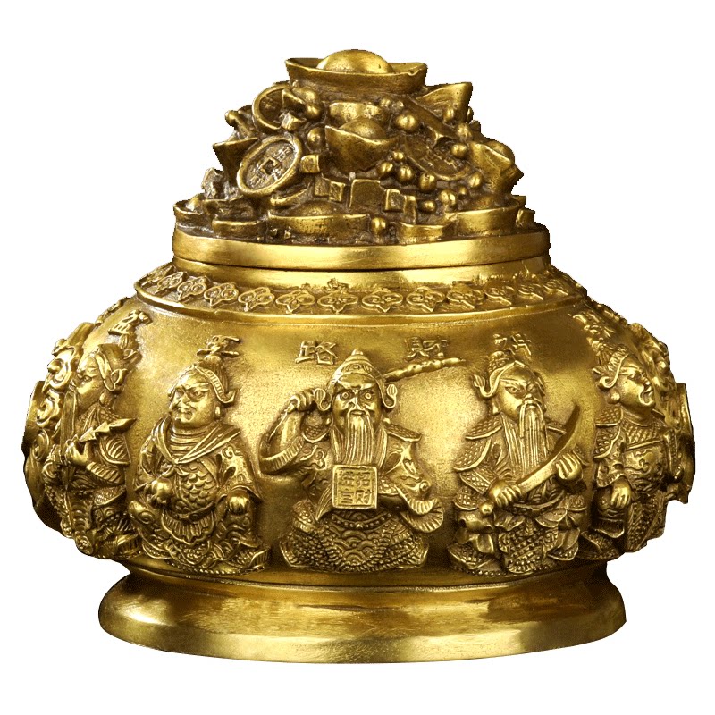 铜制五路财神聚宝盆摆件五子登科佛像家居装饰店铺开业礼品工艺品