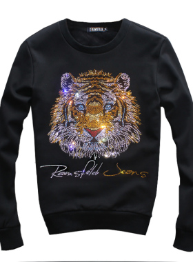 春秋男长袖加绒烫钻老虎头潮牌卫衣