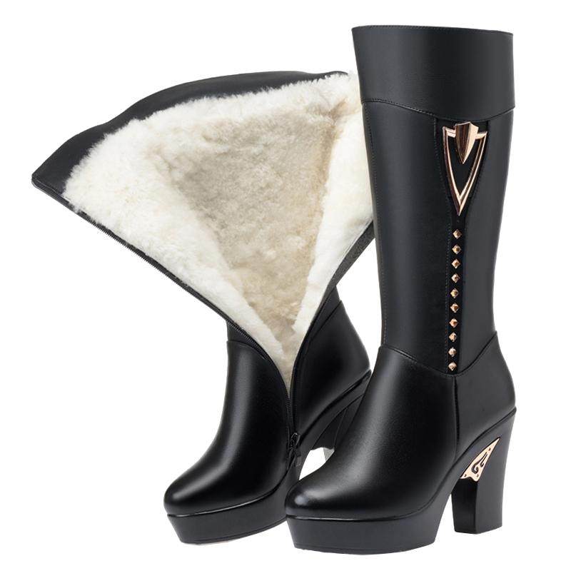 长筒真皮棉靴女冬靴加绒中筒靴高跟厚底防水台高筒羊毛长靴大棉鞋