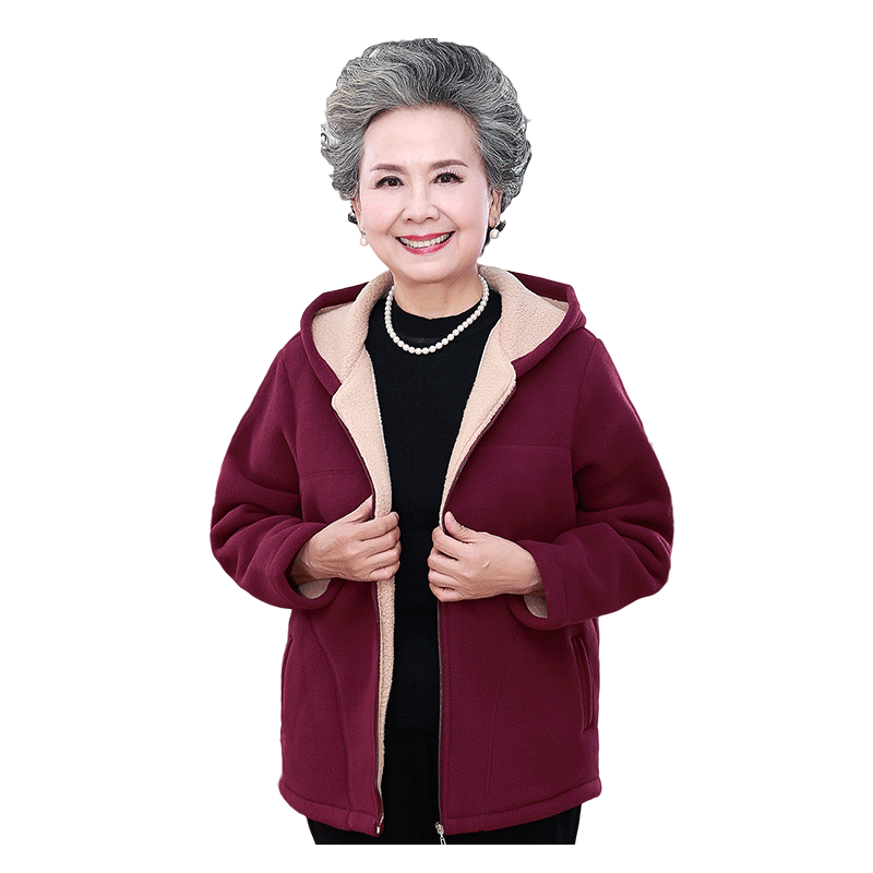 中老年人春装女卫衣妈妈摇粒绒外套奶奶衣服春秋运动套装连帽抓绒