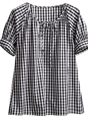 夏季薄纯棉黑白格子女短袖灯笼衬衫