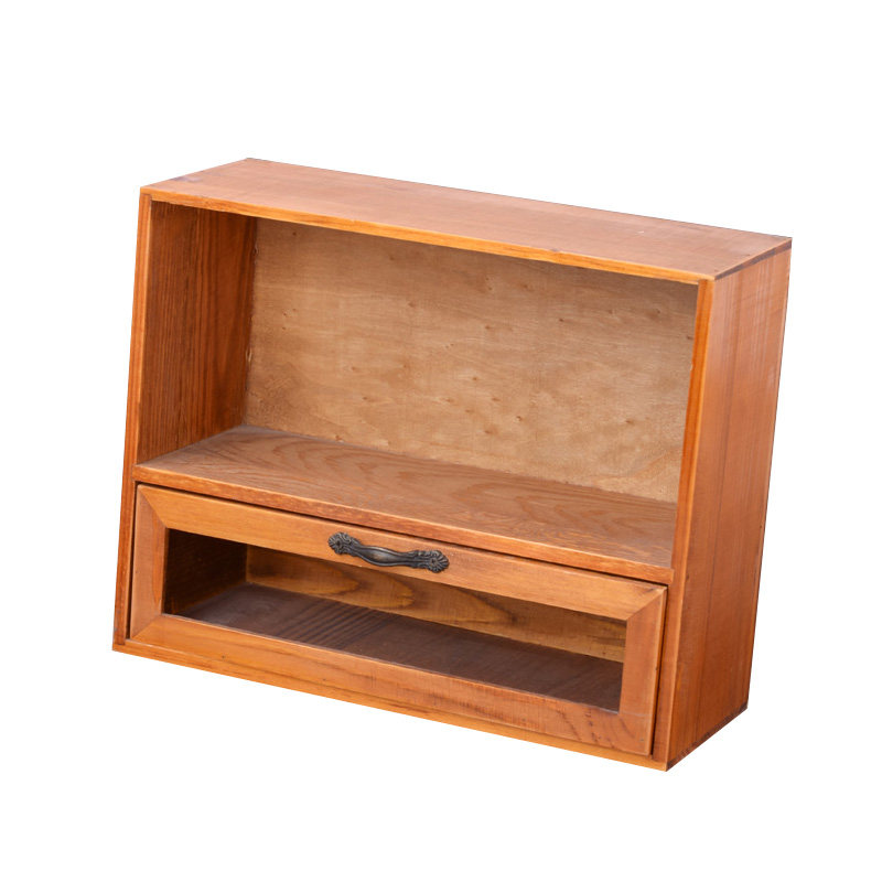 zakka木质杂货复古桌面化妆品香水收纳柜展示柜 壁挂玻璃抽屉储物