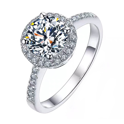 pt950铂金蛋糕围钻圆包莫桑石戒指求婚结婚克拉钻戒女四爪18k白金