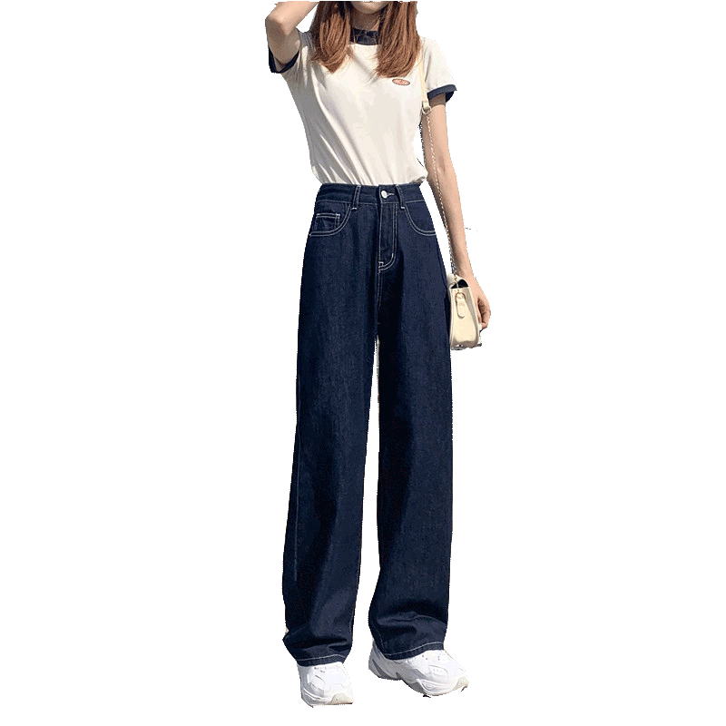 深蓝色牛仔裤女2020秋季新款高腰超显瘦直筒宽松原色拖地阔腿裤子