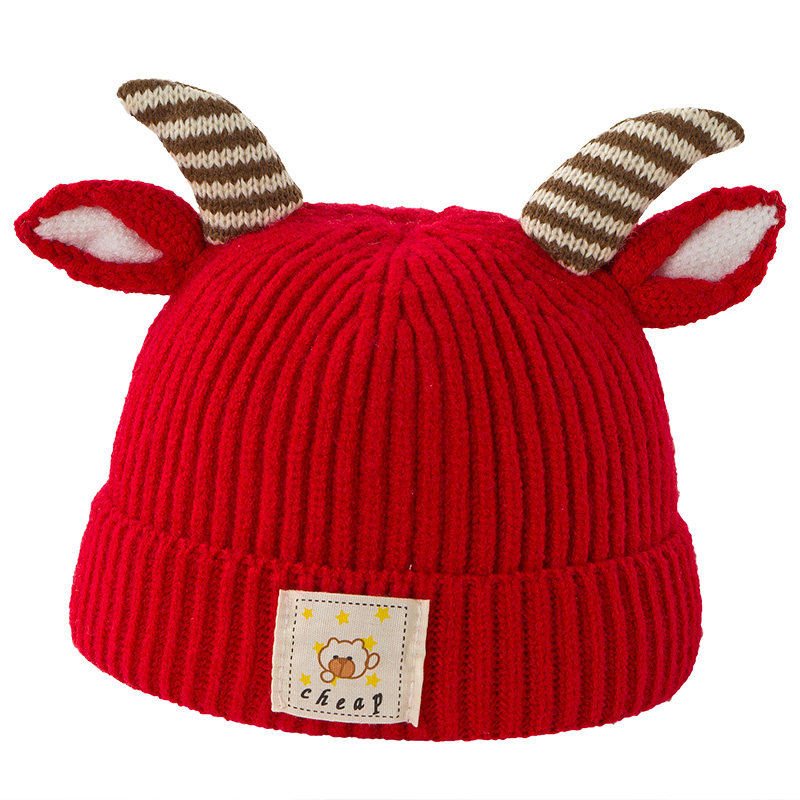 秋冬新款儿童帽子羊角宝宝毛线帽婴儿针织帽1-2岁男童女宝保暖帽