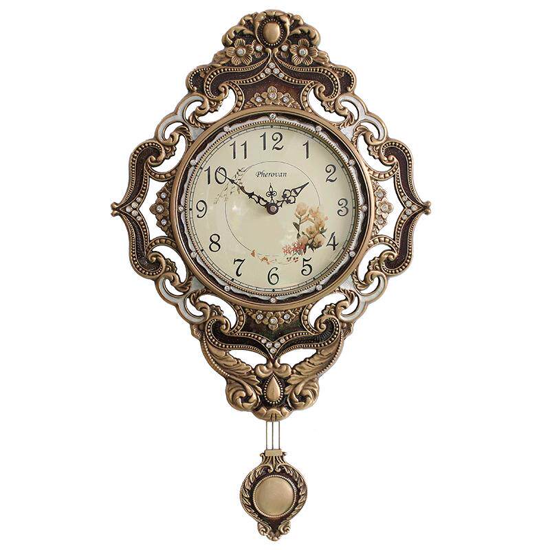 豪华欧式挂钟客厅黄铜摆钟创意艺术壁挂钟表田园静音复古装饰时钟