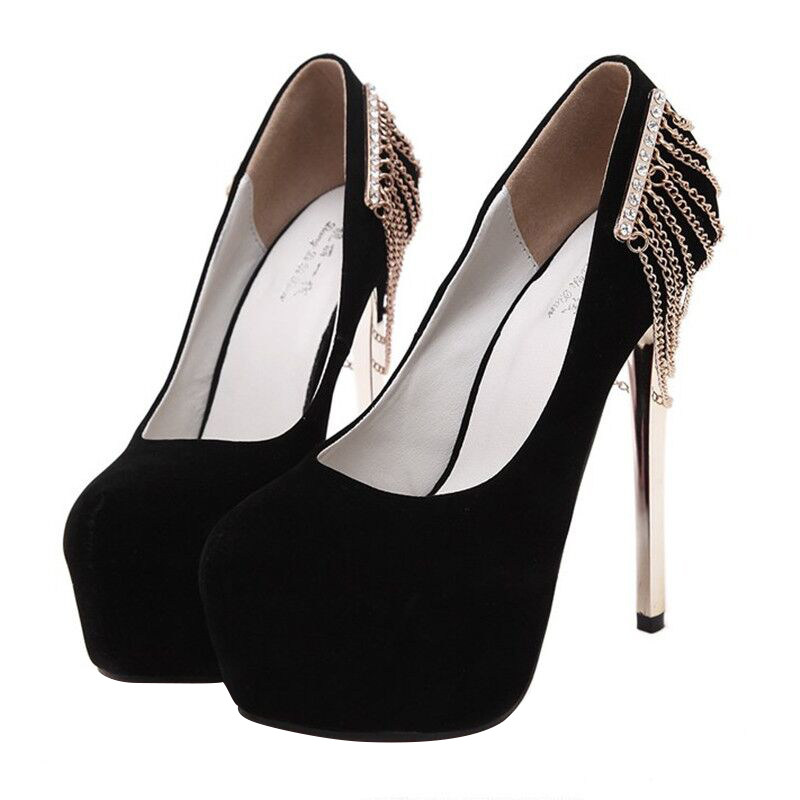 14cm性感超高跟鞋欧美新品流苏链子细跟绒面浅口圆头恨天高单鞋女