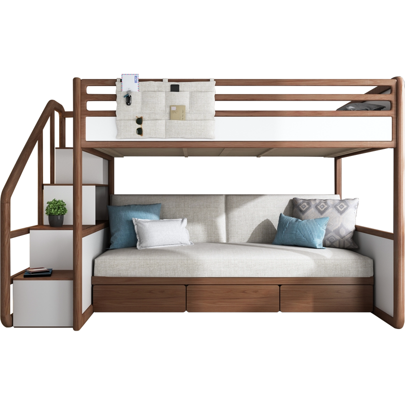 实木交错式多功能高低床儿童上下床成人双层床小户型沙发床组合 - 乐