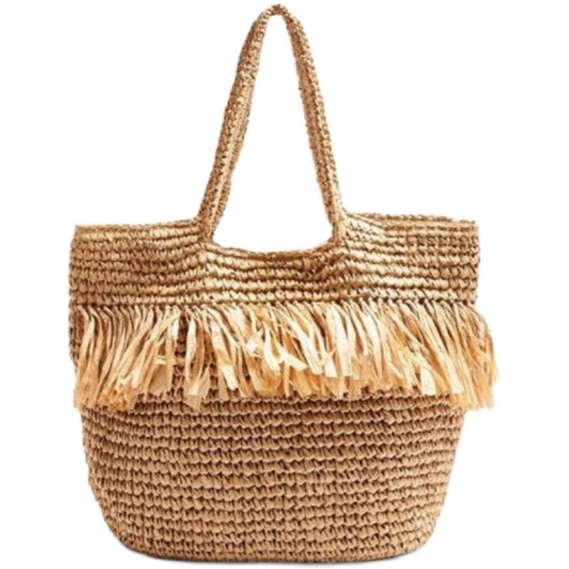 新款时尚流苏草编包大容量手工编织包单肩手提海边度假沙滩包女包
