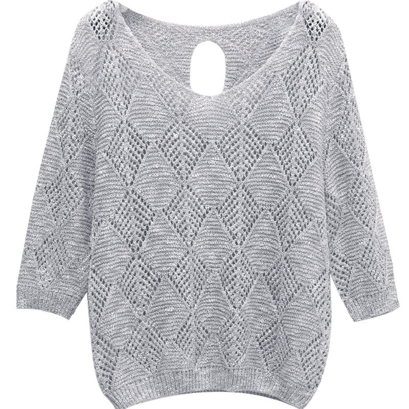 2021春夏新款女装潮宽松七分袖针织衫女套头短款毛衣镂空罩衫薄款
