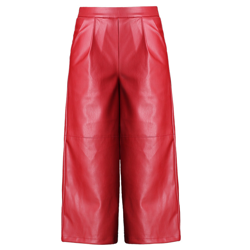 皮裤女2020新款时尚高腰垂感黑色阔腿裤2021春秋直筒九分红色裤子
