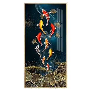 九鱼图入户玄关装饰画寓意好走廊过道壁画客厅挂画竖版轻奢聚财鹿