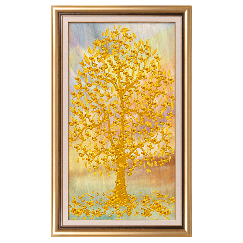 摇钱树挂画发财树正对门玄关装饰画竖版走廊过道壁画招财风水墙画