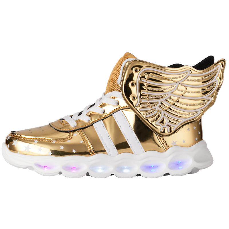 男童发光鞋usb充电秋冬款皮面加绒儿童翅膀鞋女童小学生亮灯鞋子