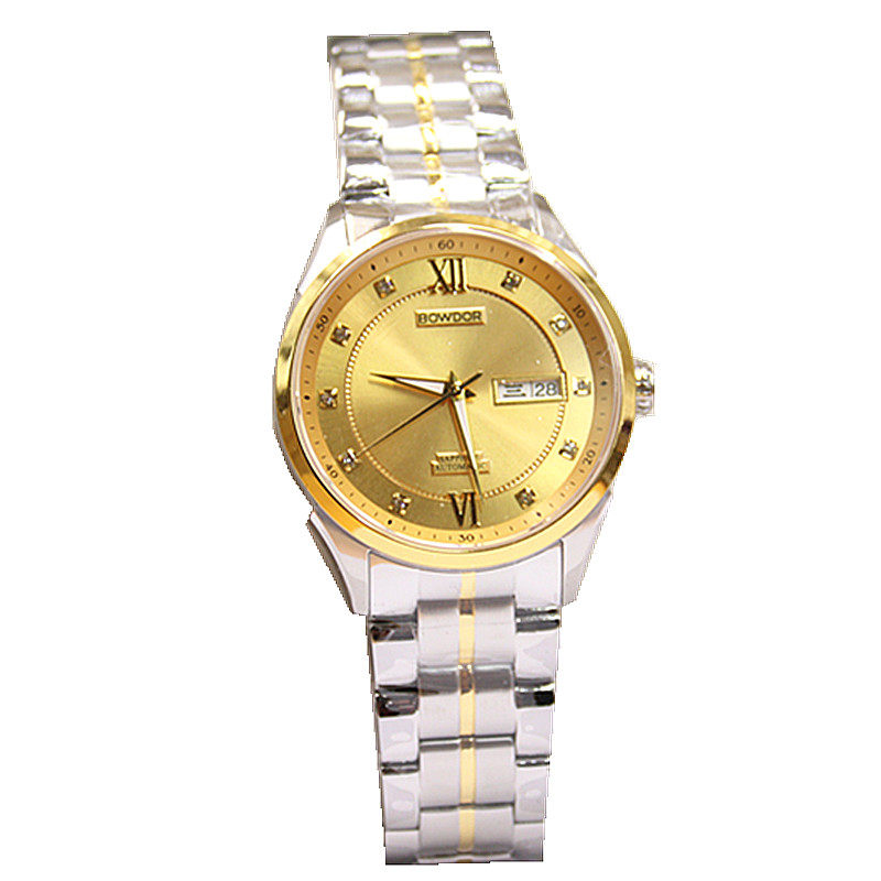 bowdor宝舵手表商务钢带机械情侣表双日历金色男表大盘女表88086