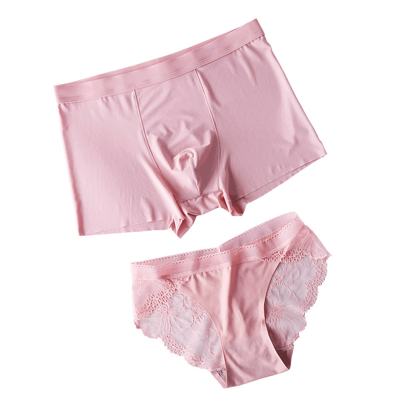 情侣内裤蕾丝冰丝无痕套装双人粉色性感可爱大码情侣款男女内衣