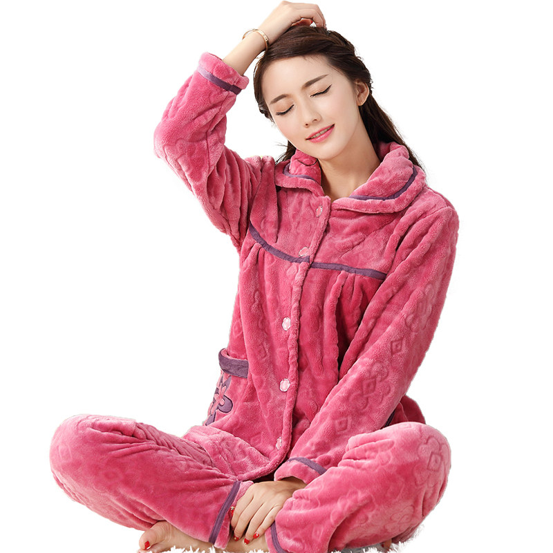 加绒睡衣女冬春秋加厚珊瑚绒老年保暖法兰绒中年可外穿家居服套装