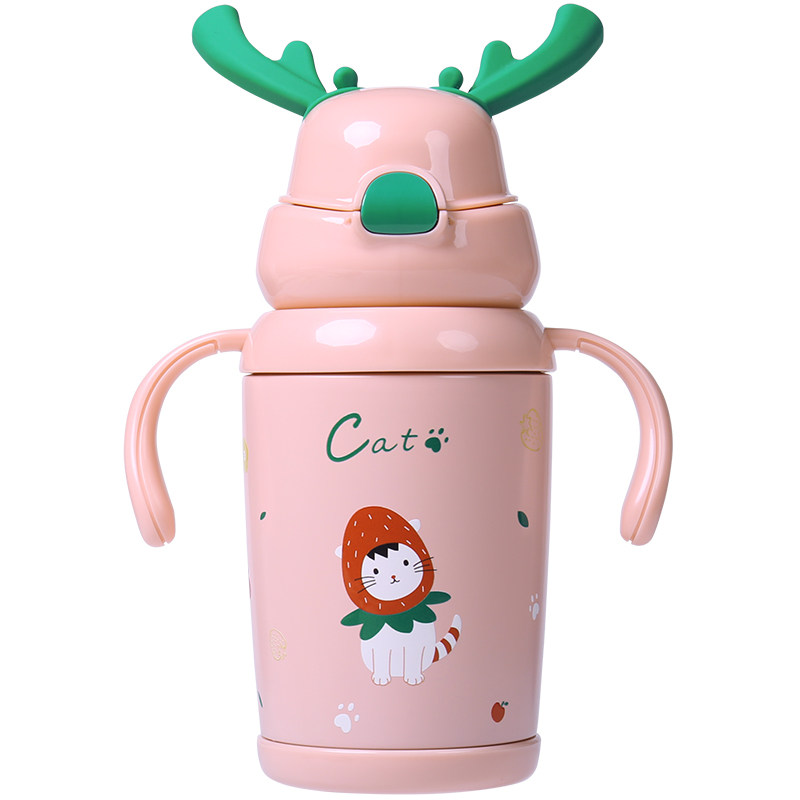 face儿童保温杯子带吸管宝宝幼儿园女可爱小学生便携316不锈钢壶-粉丝