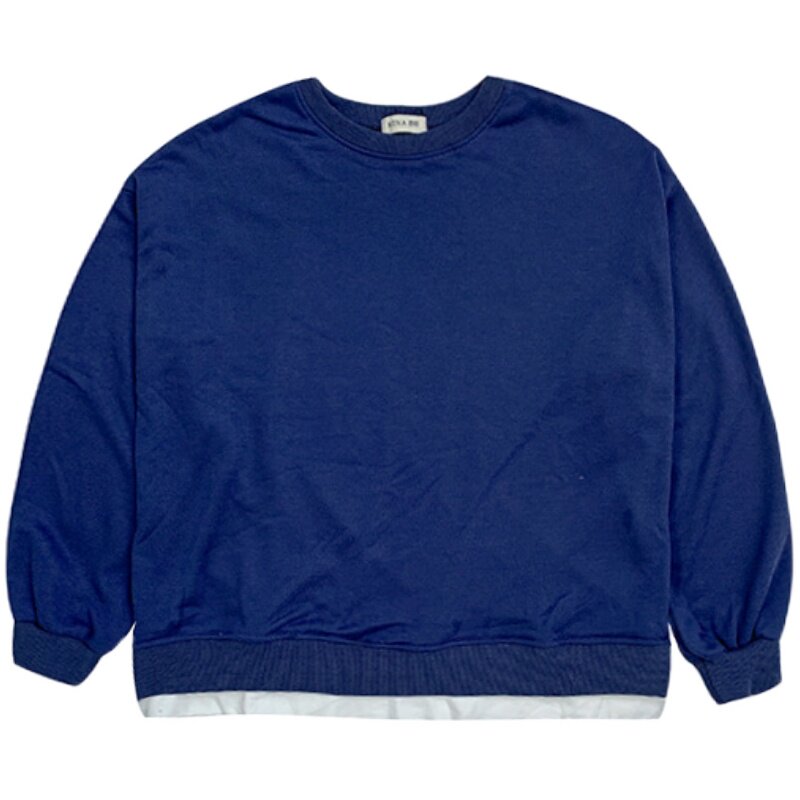 湖蓝色假两件卫衣女加绒ins潮韩版百搭宽松开叉圆领套头无帽长袖