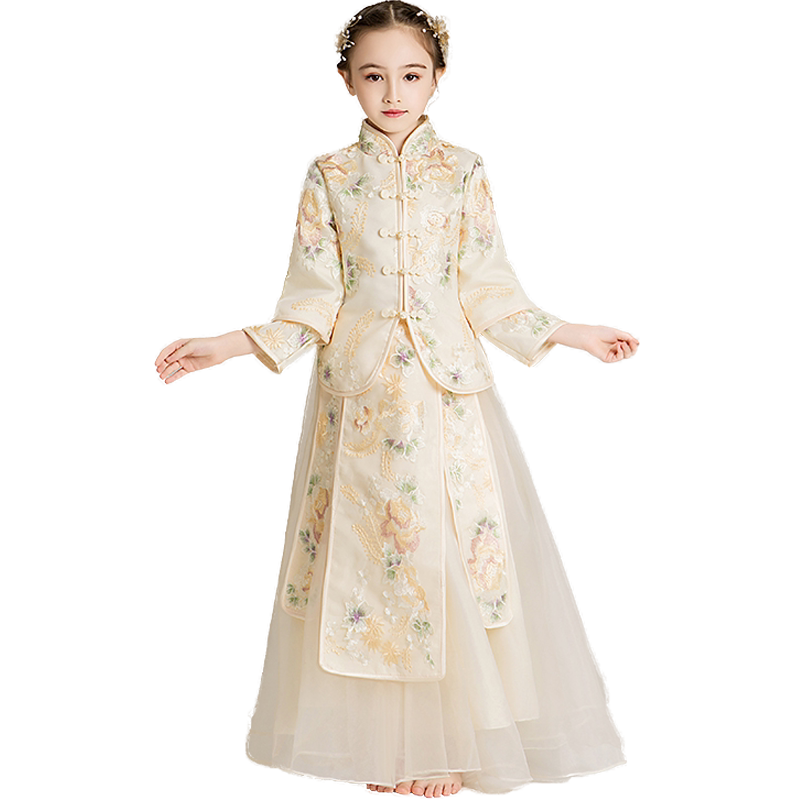 中国风女孩超仙汉服连衣裙儿童唐装古筝演出服女童古装秀禾服秋冬