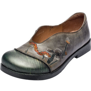 吐火罗女鞋2020春季新款真皮女鞋方头拼接单鞋民族风刺绣软底皮鞋 券