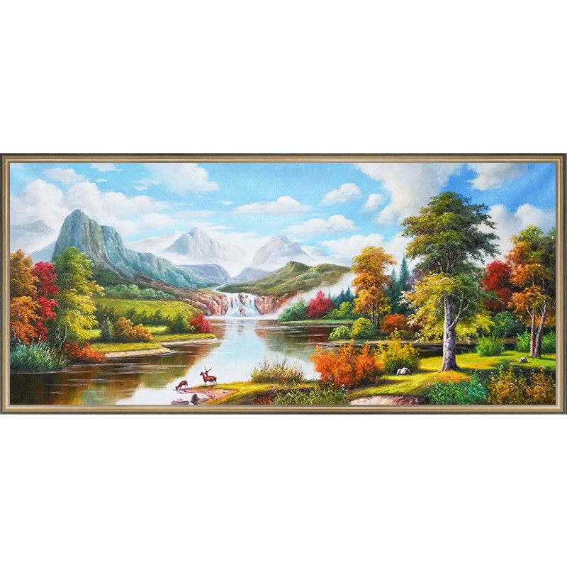 欧式纯手绘油画客厅风景装饰画纯手工玄关过道吉祥鹿聚宝盆山水画