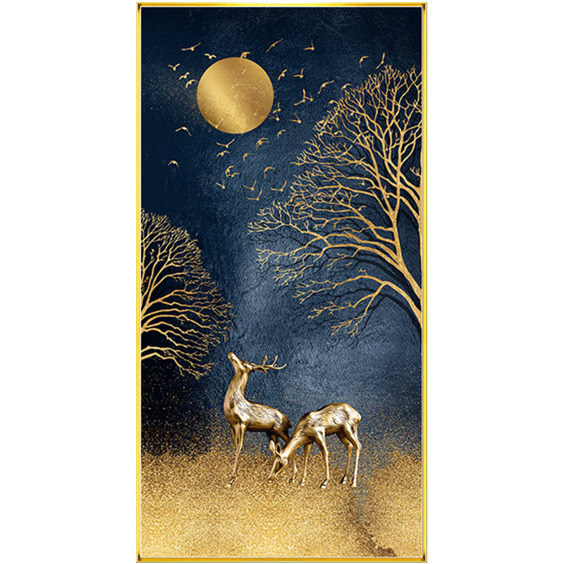 发财鹿钻石画轻奢玄关十字绣竖版北欧客厅大气过道招财树5d钻石绣