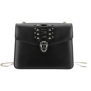 bvlgari 宝格丽 蛇头包女士黑色时尚百搭单肩包翻盖牛皮链条女包