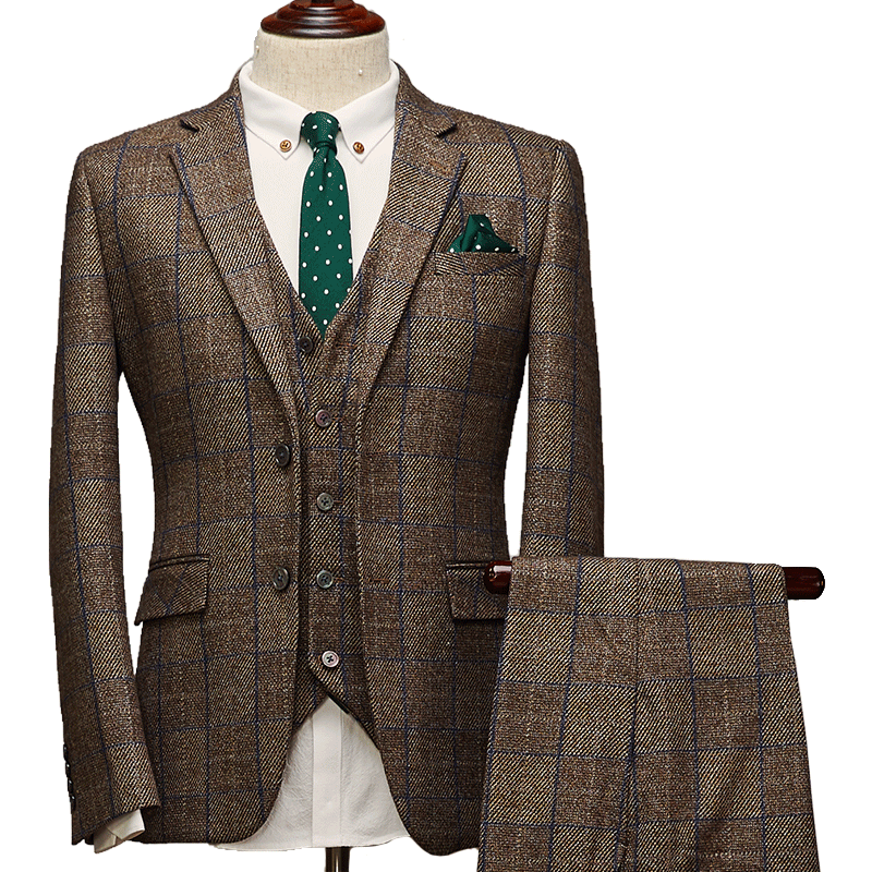 西服套装男英伦风复古羊毛棕色格子高端定制品牌男士高级休闲西装