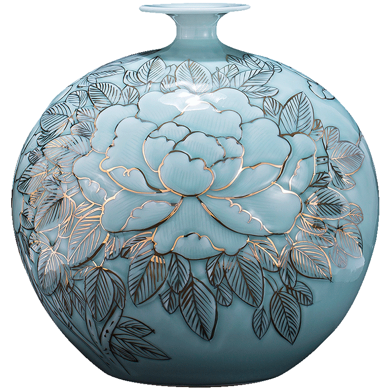 景德镇陶瓷花瓶手绘描金石榴瓶中式客厅装饰办公室瓷器工艺品摆件