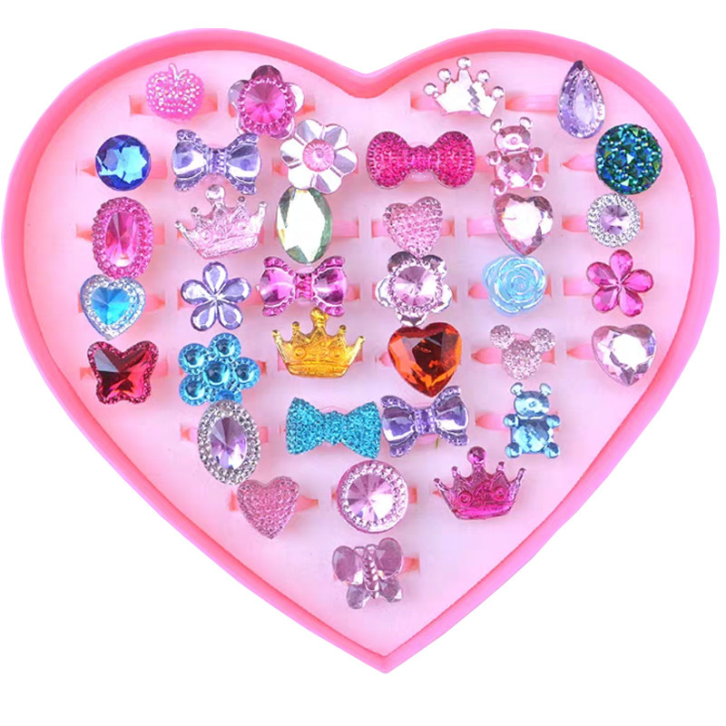 韩国儿童宝石戒指小公主玩具饰品女孩宝宝水晶钻石可调节指环礼盒