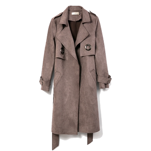 粉色春款麂皮绒风衣春2019春流行中长款薄款女款外套鹿皮大衣上衣