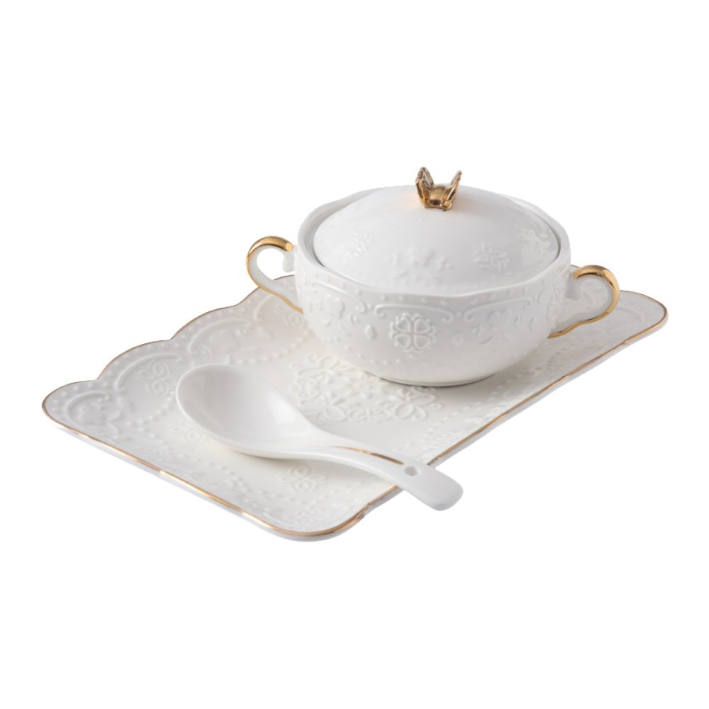 高典 会所燕窝碗宫廷陶瓷碗 汤盅带盖欧式复古金边双耳甜品碗汤碗