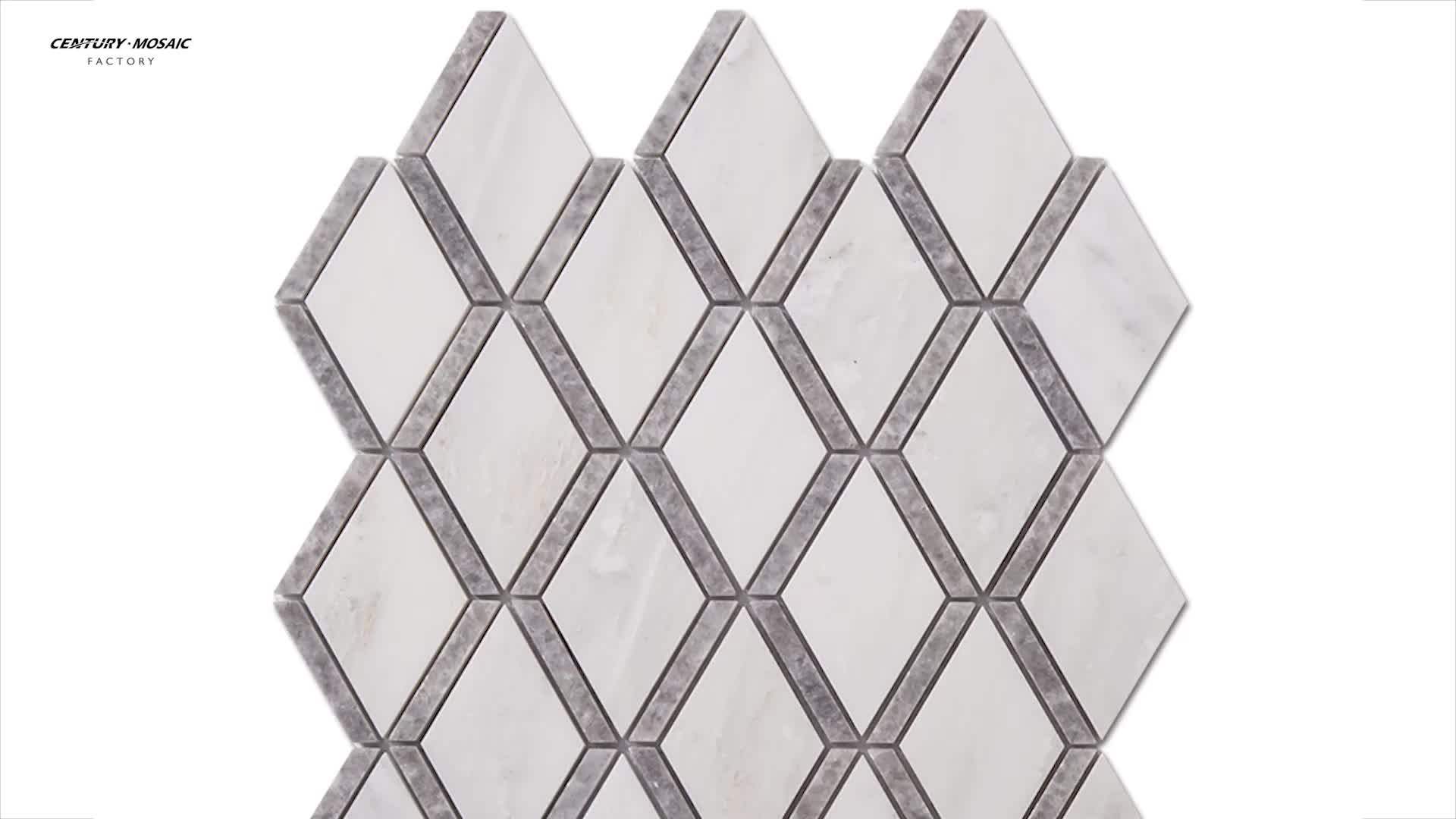 世纪马赛克高原白色和贝加尔蓝色大理石菱形马赛克瓷砖