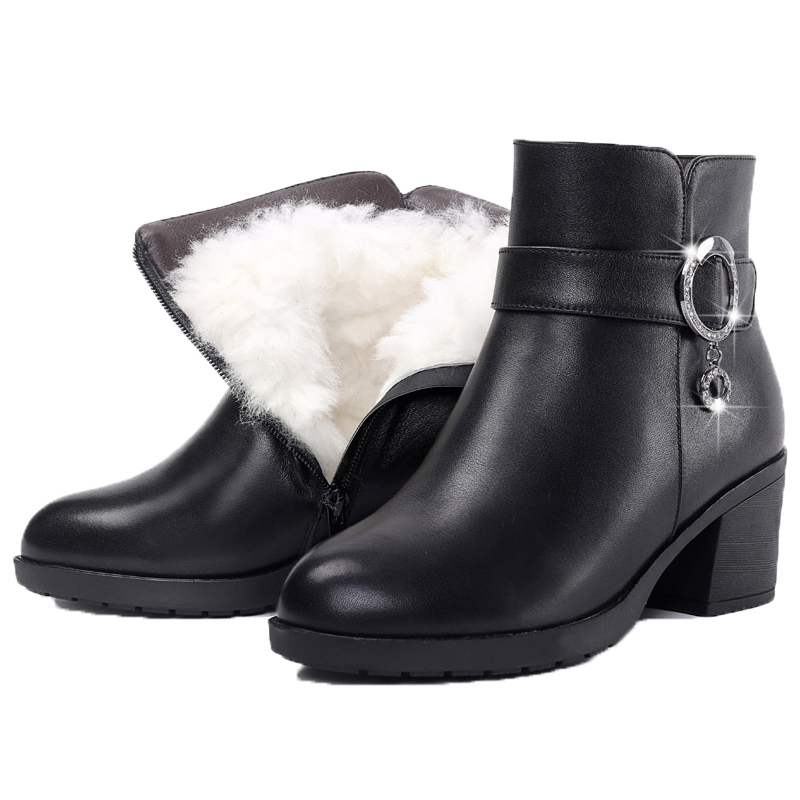 冬季加绒皮棉鞋女式棉皮鞋真皮羊毛棉靴女士棉鞋女短靴中跟妈妈鞋