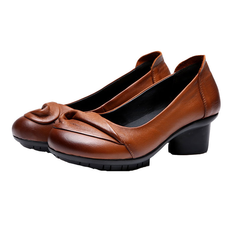 民族风手工真皮复古原创女鞋休闲中跟单鞋软底圆头中老年妈妈鞋