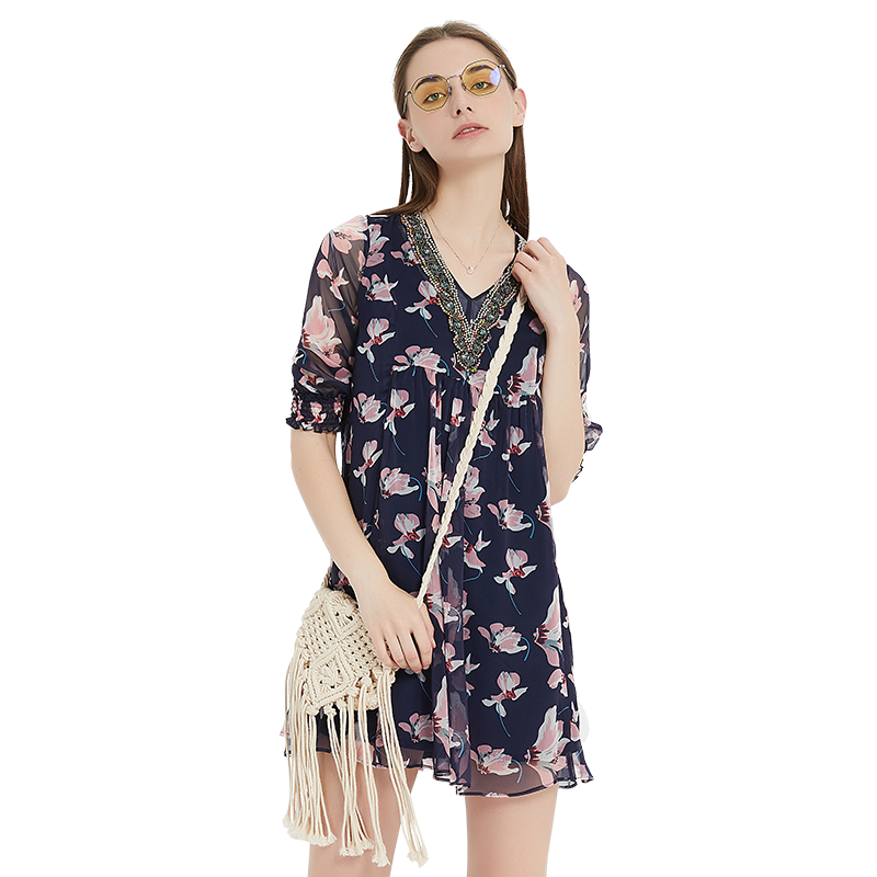 9包邮,网上折扣 女装 enid夏新品珠带v领雪纺印花小个子连衣裙复古a字